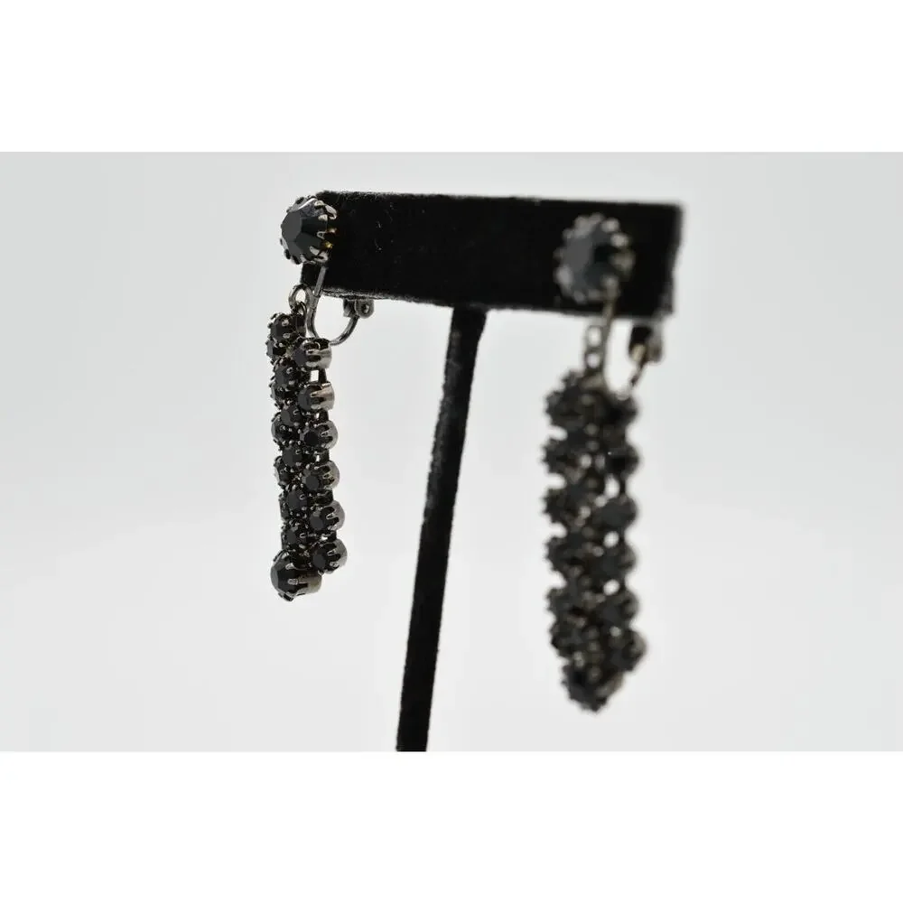 Vintage Statement Earrings Clip On Black Rhinestone Crystal Gunmetal Dangle 9H
